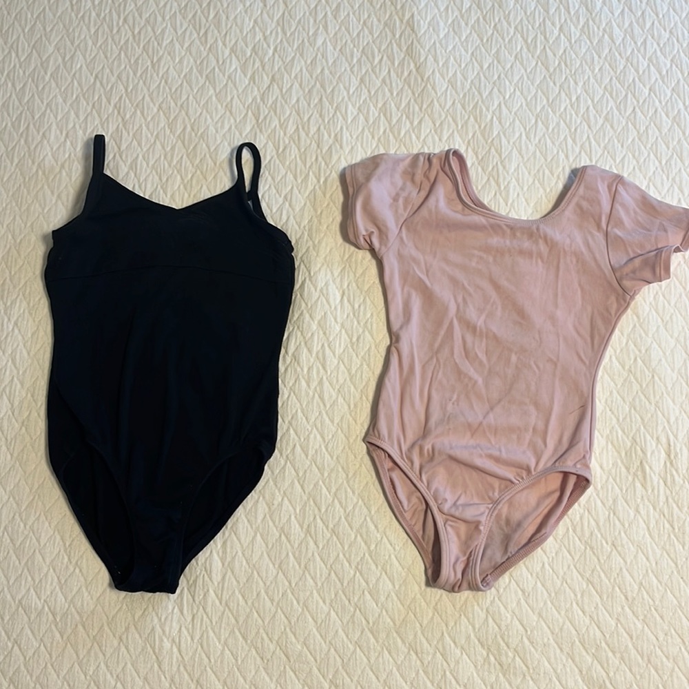 Two dance or gymnastics leotards, pale pink & black, Childs XS 5-6